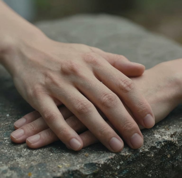 Extreme close-up of two hands resting gently on a rough-hewn stone surface, soft diffused side light, emphasizing quiet human connection.