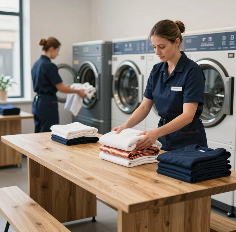 A clean, modern London laundry facility with professional wet-cleaning machines, staff in navy uniforms folding crisp garments on a large wooden table under soft natural light.