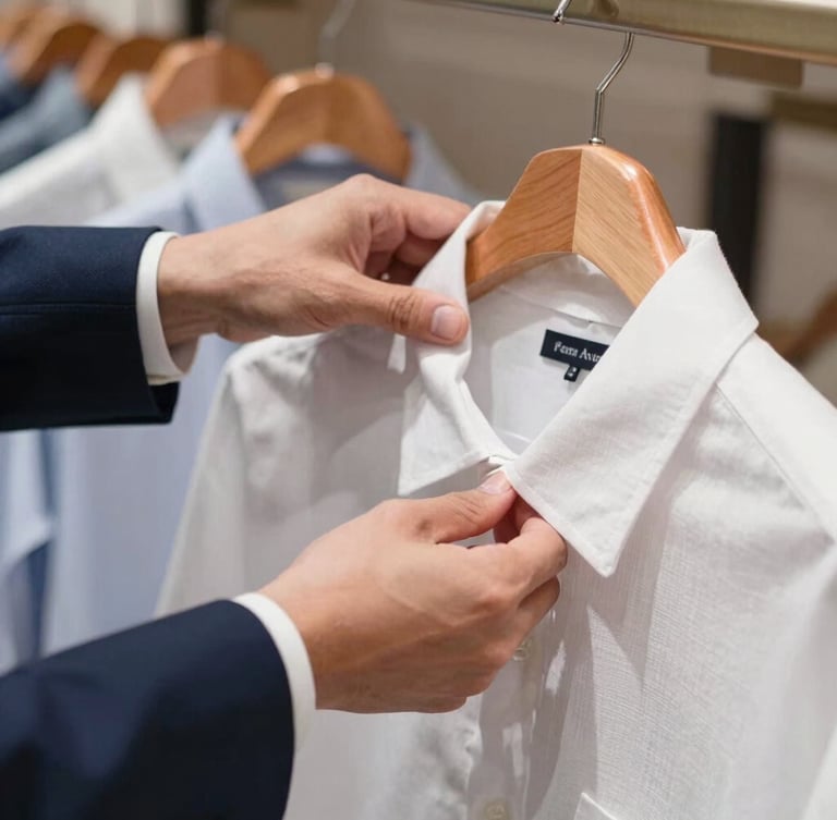 Editorial medium close-up of hands in crisp navy cuffs carefully inspecting a white linen shirt under bright daylight, copper hangers in the soft-focus background, 35mm.