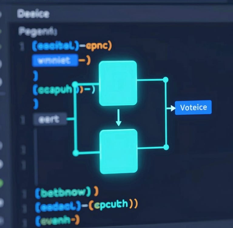 Macro close-up of dark-mode IDE displaying clean, glowing cyan and blue code blocks, high-contrast, futuristic 3d render style