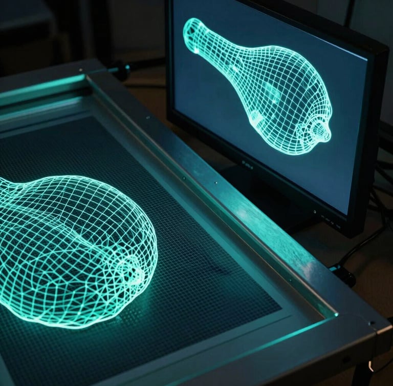 Macro photography of a glowing vector wireframe displayed on a dark studio monitor, overlapping a physical screen-printing mesh texture, moody low-key lighting with sharp electric teal rim lights.