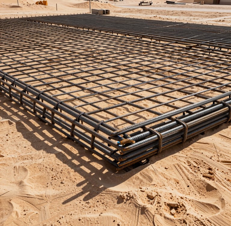 Close-up of a massive reinforced steel rebar foundation grid on a Saudi desert job site, harsh direct sunlight casting heavy geometric shadows