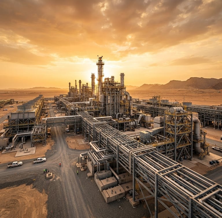 Wide-angle architectural shot of a massive industrial facility in Saudi Arabia under high-contrast golden hour sunlight, steel structures and concrete foundations visible, expansive desert sky.