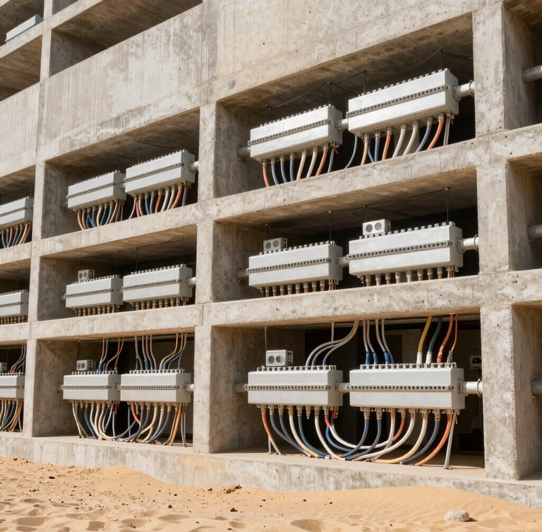 Close-up of complex electrical conduits and fiber optic cabling integrated into a concrete structural wall, crisp industrial lighting, high-contrast steel and warm sand tones.