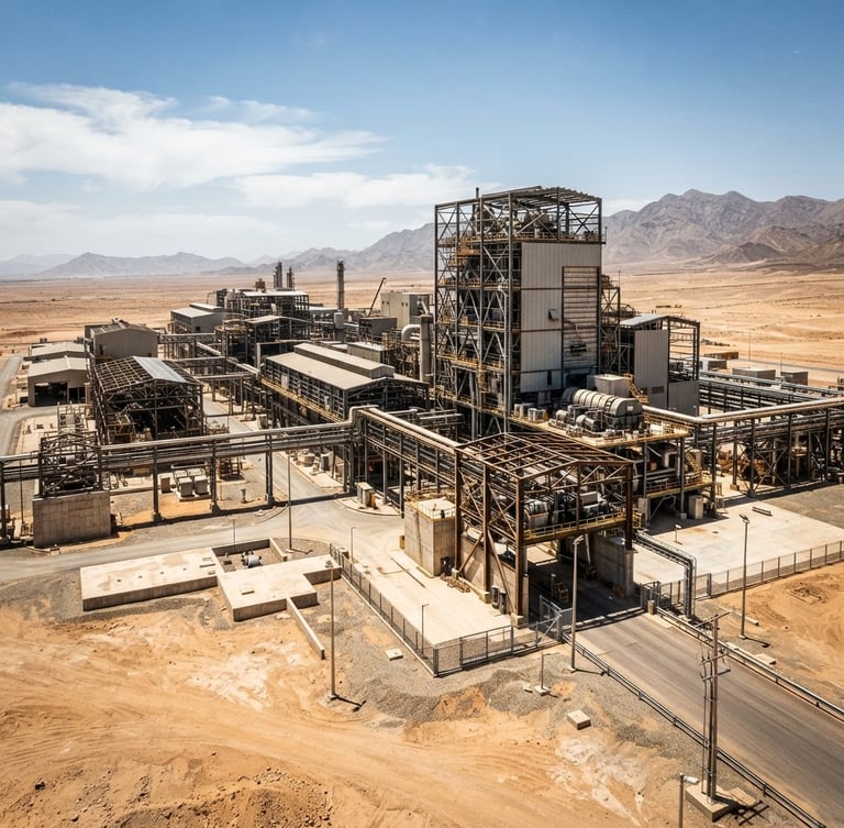 Wide-angle architectural shot of a massive industrial facility under high-contrast desert sunlight, steel beams and concrete foundations, modern engineering aesthetic.
