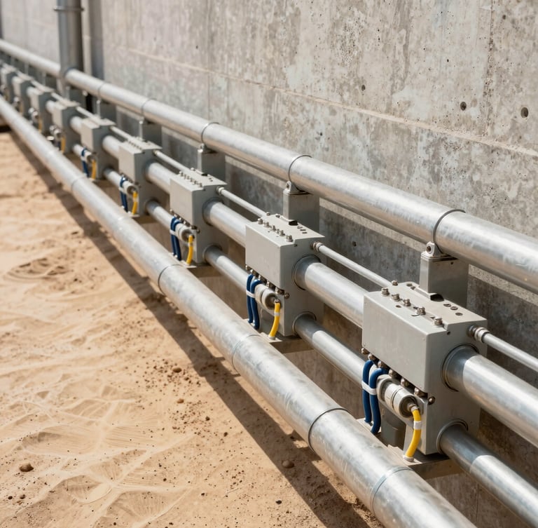Close-up of complex electrical conduits and fiber optic lines running parallel along a concrete wall, crisp cool industrial lighting, sharp technical precision