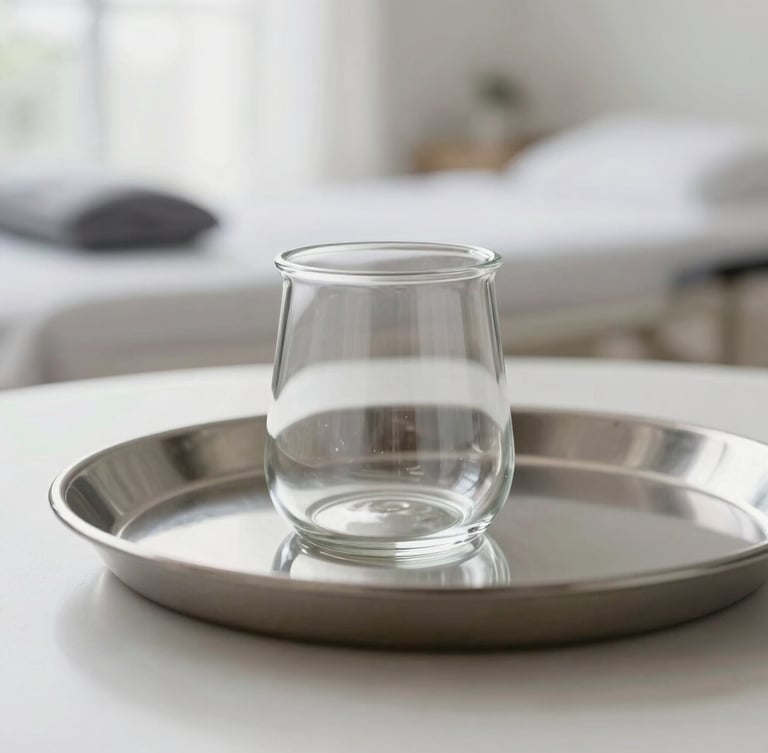 Elegant macro shot, soft diffused natural daylight. A pristine, single-use glass therapy cup sits on a clean, sterile stainless steel tray, reflecting a minimalist Scandinavian-style treatment room in the background.