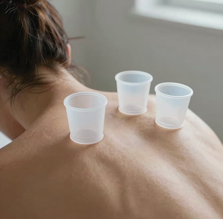 Elegant macro shot of clear silicone cups applied to an athlete's back, soft natural daylight emphasizing clean skin and precise placement, clinical-editorial style.