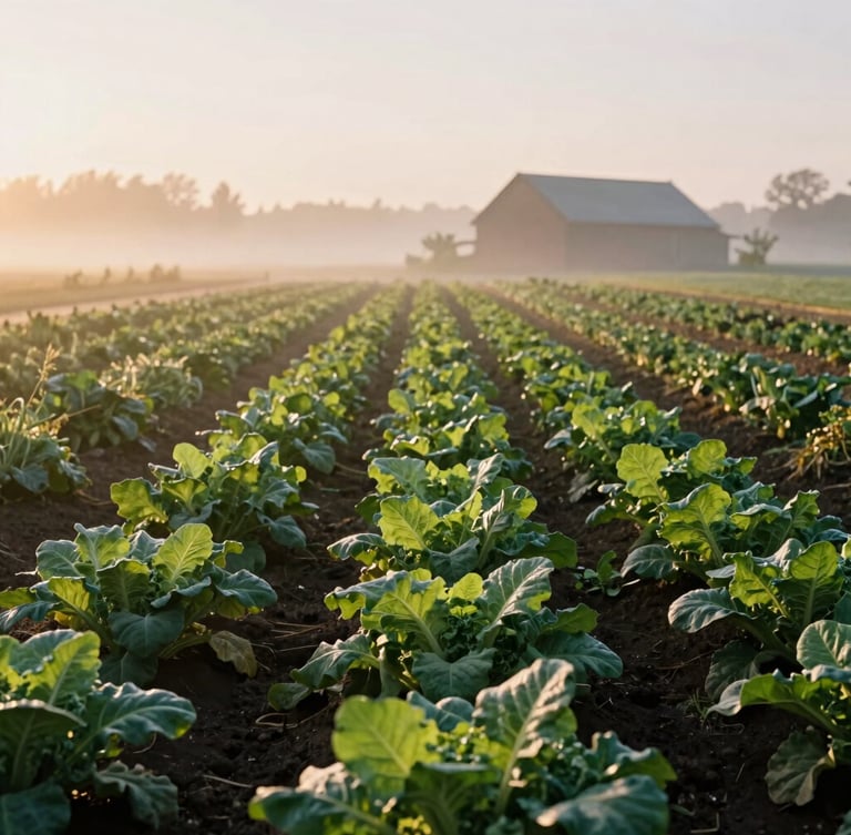 Wide environmental shot of a misty organic farm at sunrise, rows of leafy greens stretching toward a distant barn, soft golden hour light, high-contrast shadows, 35mm film.