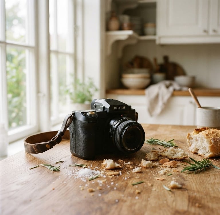 A professional camera on a wooden kitchen counter, soft Scandinavian window light highlighting fresh sourdough crumbs and rosemary, shallow depth of field, 35mm film.
