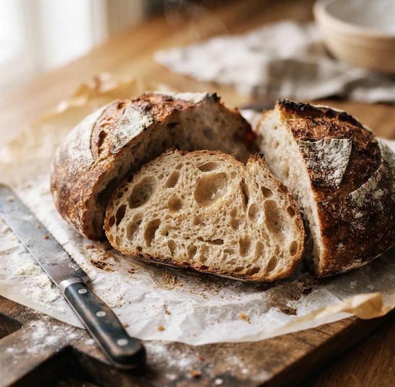 Close-up of a rustic sourdough loaf sliced open on a floured parchment paper, steam gently rising, soft Scandinavian morning daylight, rich organic textures, shallow depth of field, 35mm film.