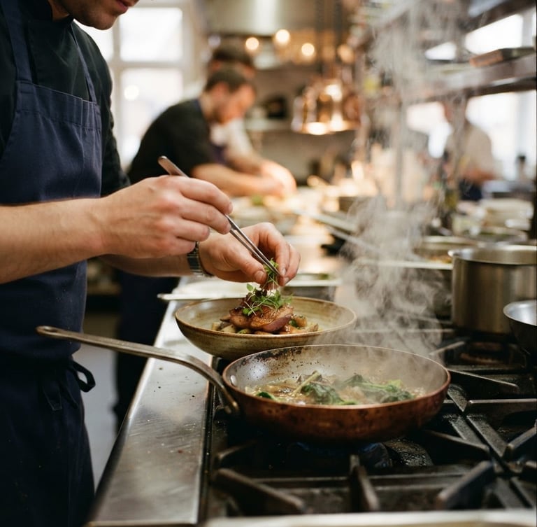 Close-up of steam rising from a copper pan on a busy restaurant line, chef's hands plating with tweezers, soft warm kitchen light, shallow depth of field, 35mm film.