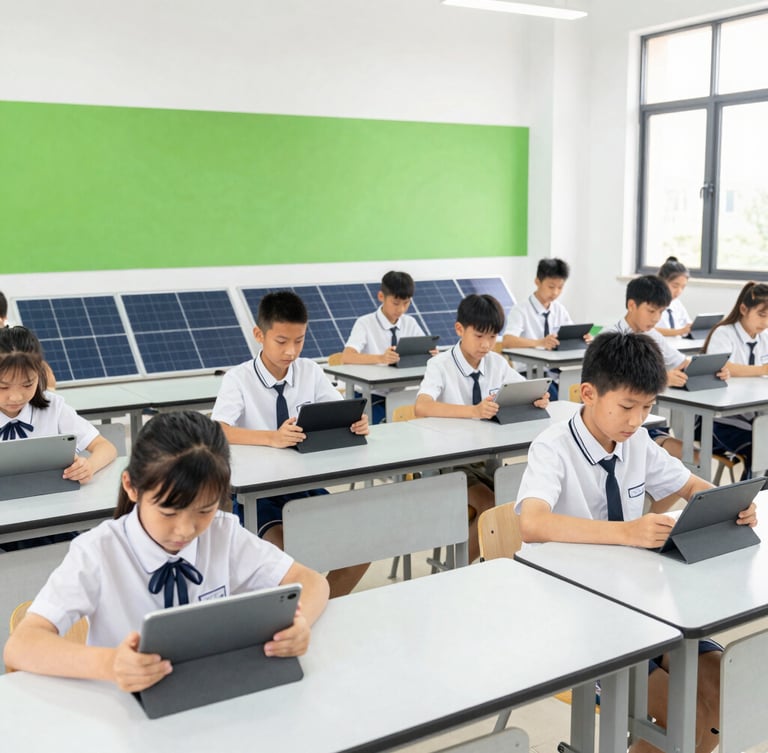 Modern classroom with students using tablets, powered by solar energy, bright natural daylight, crisp clean details, vibrant greens and whites, wide-angle environmental, high contrast.