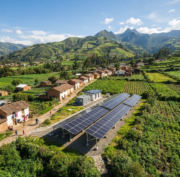 Wide panoramic environmental portrait of a modern solar microgrid installation, clean lines, integrated into a vibrant rural landscape with small homes and fields, bright natural daylight, high contrast, crisp clean details, vibrant greens and whites, wide-angle environmental.