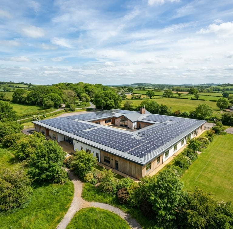 Wide shot of a clean, modern solar array on the roof of a rural school building, bright natural daylight, crisp details, vibrant greens and whites, low horizon, expansive sky, no people visible.
