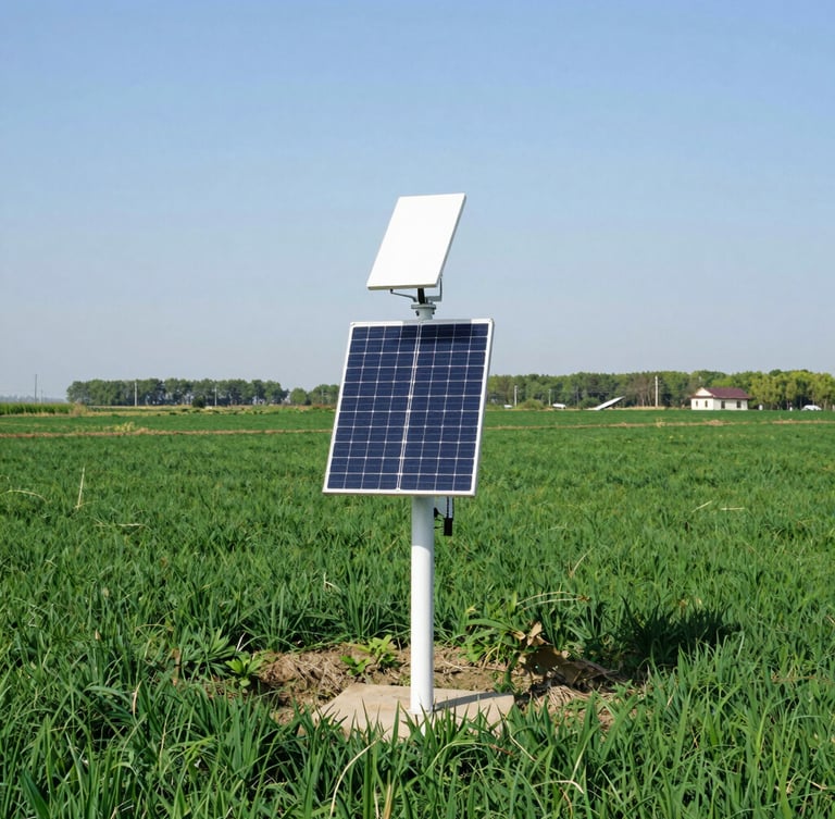 High-tech solar monitoring station in a rural agricultural landscape, clean modern sensors, bright natural daylight, vibrant greens, wide-angle environmental