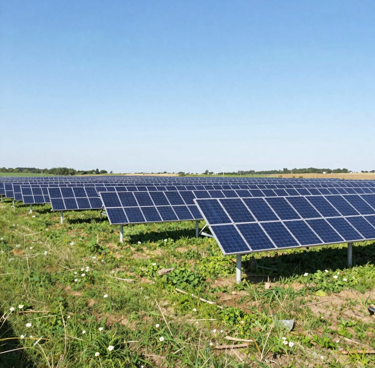 Wide-angle environmental portrait of a modern solar farm in a rural landscape at bright natural daylight, crisp clean details, vibrant greens and whites, high contrast, avoiding people.