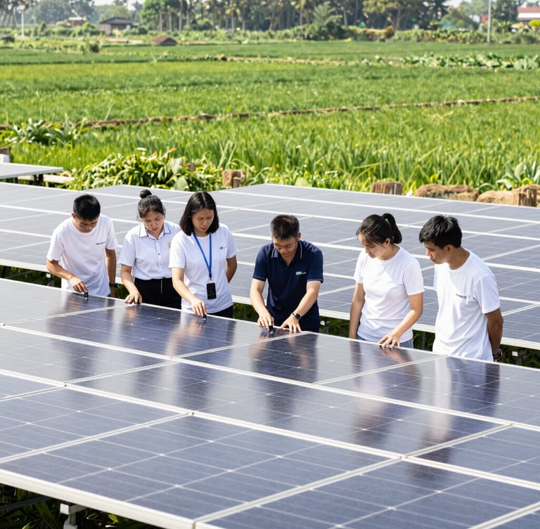 Portrait-oriented, high-contrast image of a technician training local community members on maintaining a solar panel array, bright natural daylight, crisp clean details, green agricultural fields in background, wide-angle environmental.