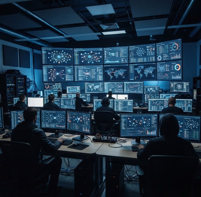Wide shot of a secure operations room, multiple screens displaying complex blockchain data visualizations, cool-toned lighting, sharp focus on the data, no faces. Image bleeds to the right.