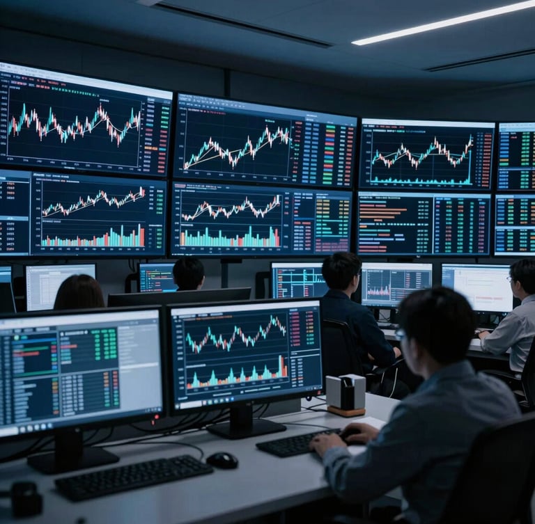 Cool-toned editorial photography of a secure modern operations room, multiple screens displaying complex financial data visualizations, low-key lighting, sharp focus, 35mm