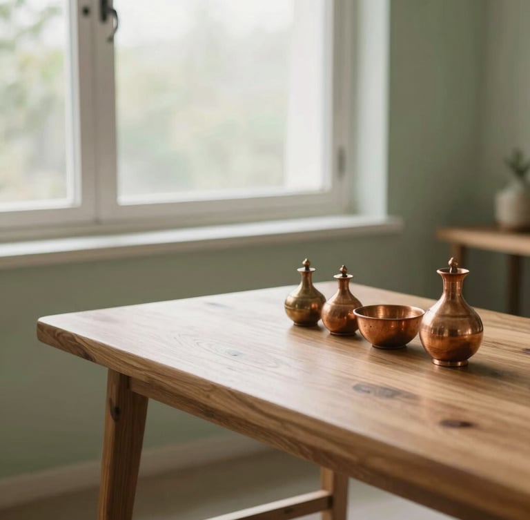 A clean, minimalist Ayurvedic treatment room with a solid wooden droni table, copper oil vessels, soft natural morning light filtering through a high window, pristine and sterile setup.