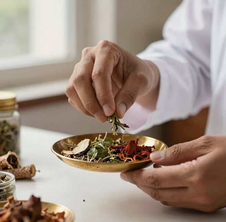 Close-up of a certified Ayurvedic physician's hands carefully measuring dried medicinal herbs and raw roots on a brass scale, warm soft window light, clinical workspace.