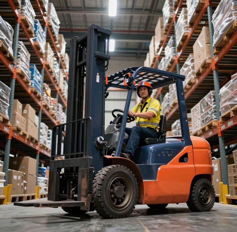 Low-angle heroic perspective of a certified forklift operator navigating clean, high-ceiling modern warehouse racks, warm safety lights, sharp focus, crisp industrial photography