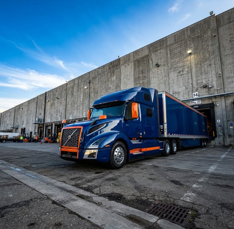 Low-angle heroic perspective of a modern fleet truck parked outside a massive concrete warehouse terminal under crisp morning sun, deep blue and safety orange tones.