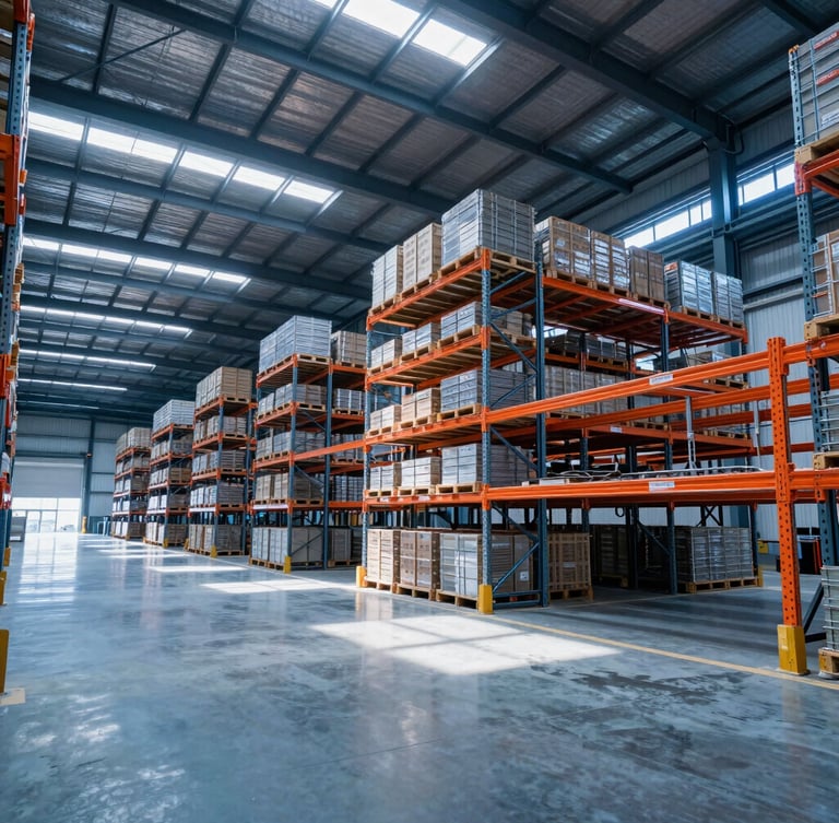 Wide-angle interior of a massive modern logistics warehouse, clean concrete floors reflecting light, high steel ceilings, organized tall orange racking systems, sharp daylight streaming in.