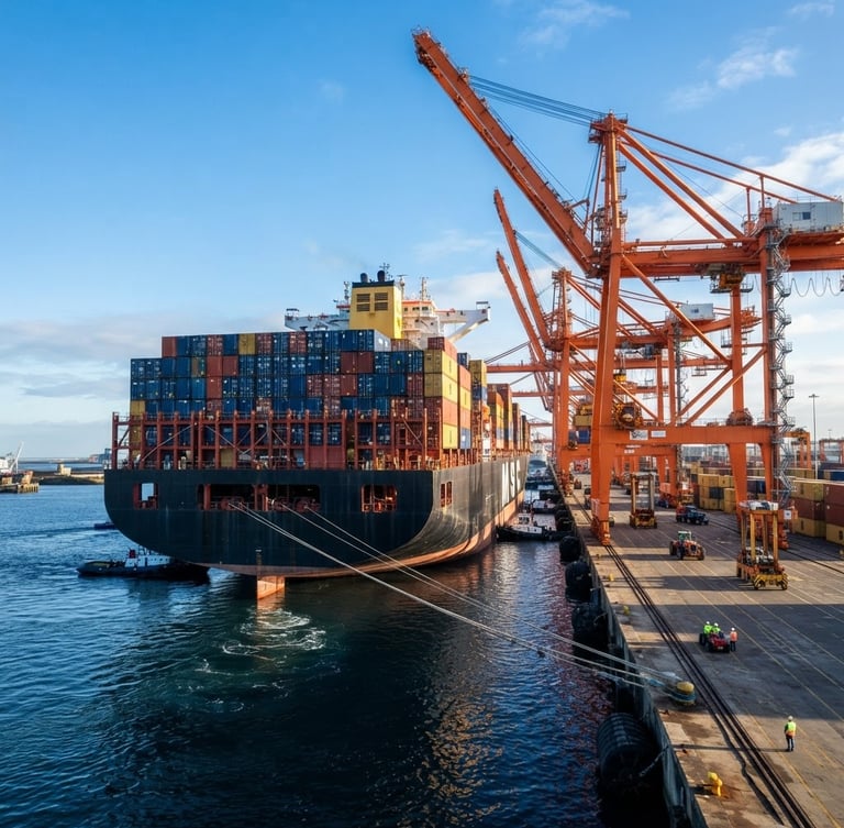 Low-angle heroic perspective of a modern cargo ship docked at a high-tech terminal, with orange safety cranes, crisp morning sun, deep blue water