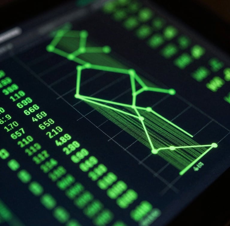 Macro close-up of a glowing digital ad dashboard on a dark screen, neon green data lines and charts, shallow depth of field, dramatic low-key lighting