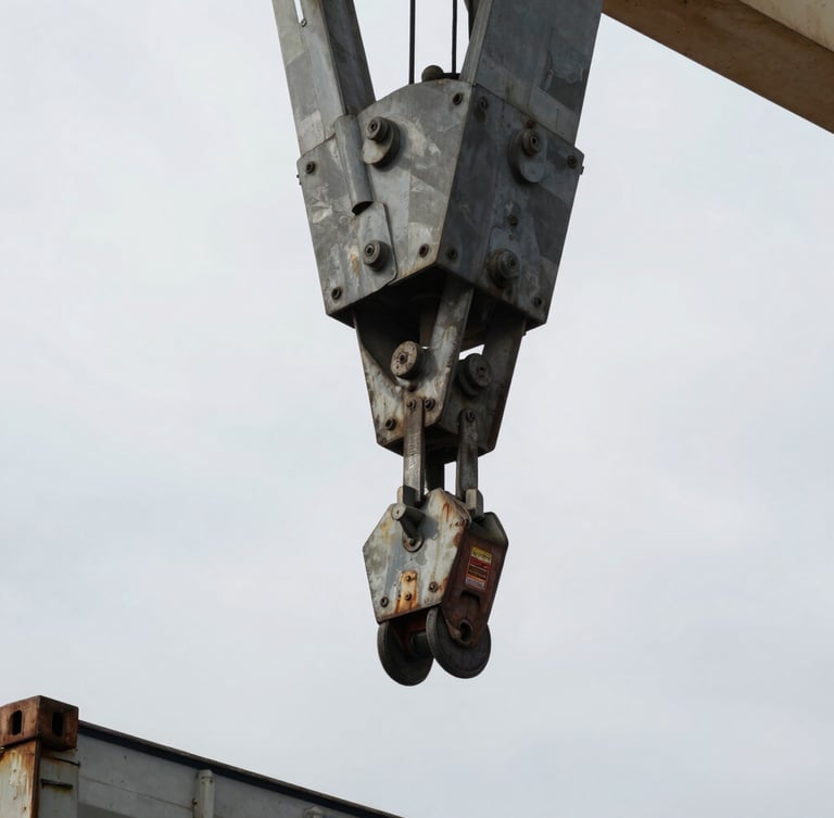 Tight macro shot of heavy-duty steel crane rigging attached to a container corner casting, desaturated tones, high-contrast overcast sky.