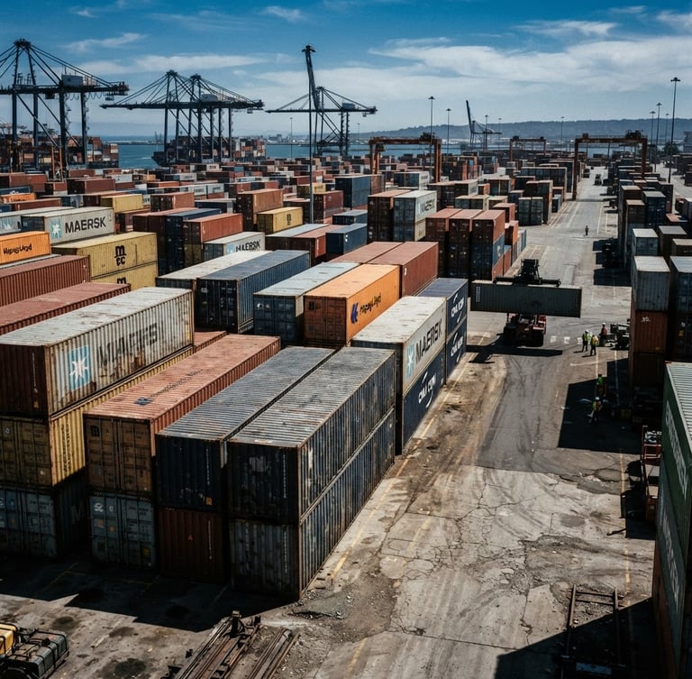 Rugged industrial photography of a massive shipping container yard, harsh direct daylight casting deep shadows, heavy steel textures, desaturated tones, wide-angle lens