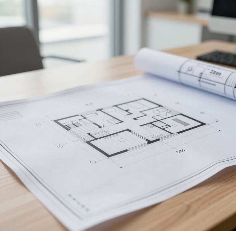 Close-up detail shot of architectural blueprints laid out on a clean wooden table in a bright, modern office, natural overcast daylight, 35mm lens
