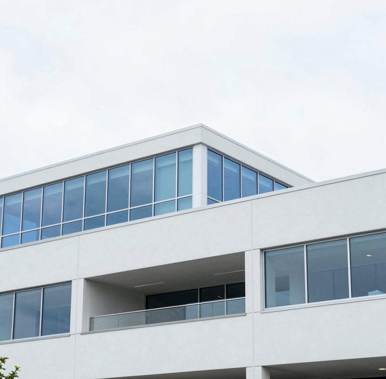 Bright modern Pacific Northwest office environment, natural overcast daylight, clean white and blue tones, architectural focus, 35mm lens