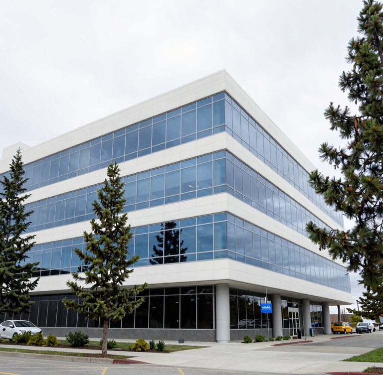 Wide-angle architectural shot of a modern office building exterior in Coeur d'Alene, surrounded by pine trees under bright overcast daylight, clean glass reflections