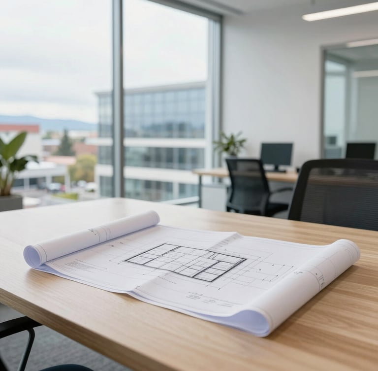 Bright modern office in Coeur d'Alene with blueprints on a clean wooden table, natural overcast daylight, architectural focus, 35mm lens