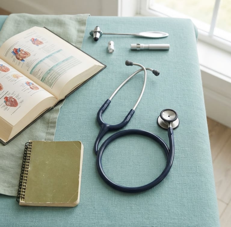 Clean flat-lay of medical guides and stethoscope on a soft teal surface, bright natural daylight, sharp focus, professional clinical setting