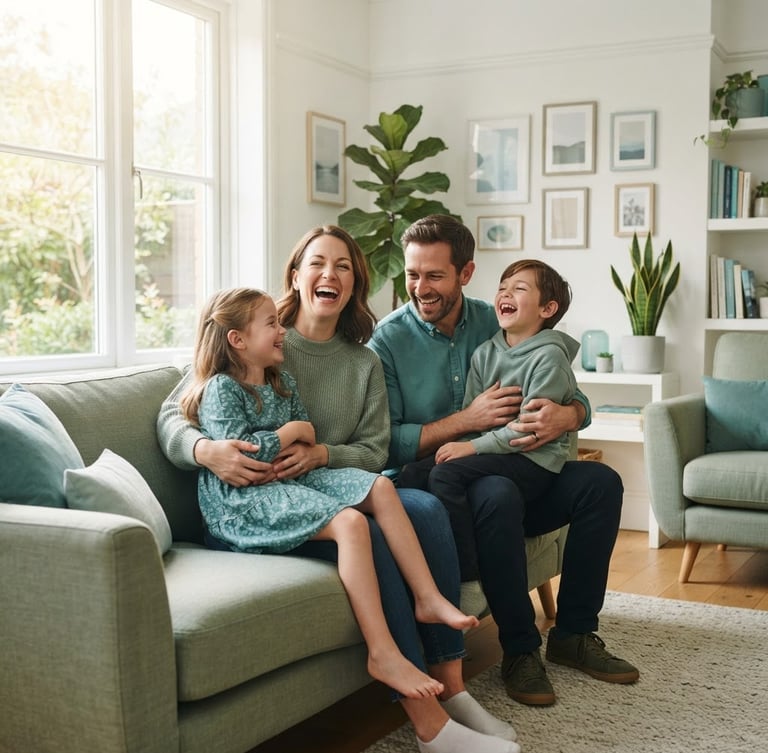 Clean environmental portrait of a family laughing in a sunlit living room, soft daylight, clinical teal and sage green tones, professional photography