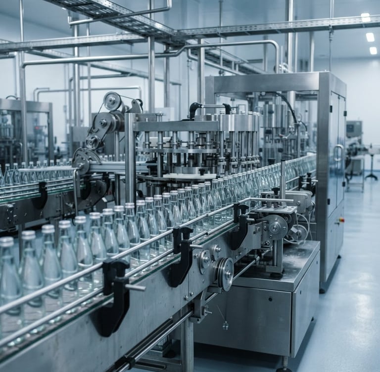 Crisp industrial photography, bright clean laboratory lighting, cool metallic tones, sharp focus on a stainless steel bottling line with glass bottles on a conveyor, 35mm