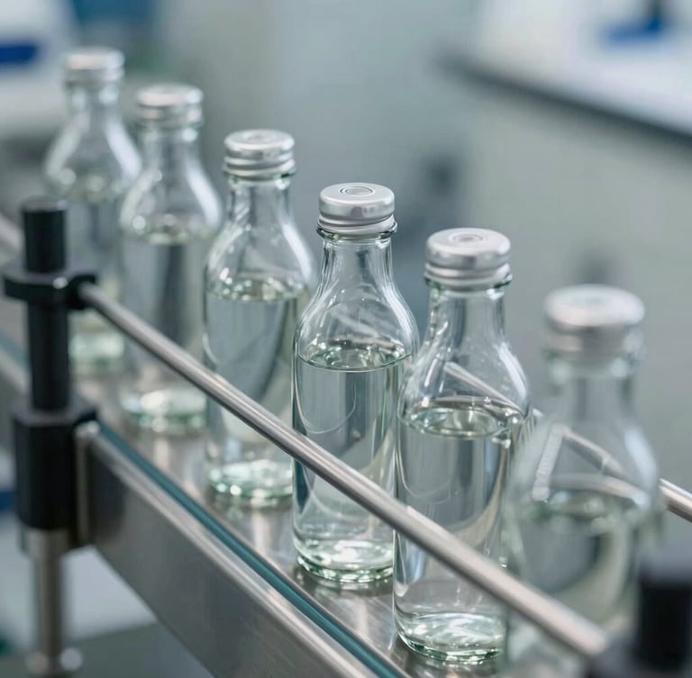 Close-up of clean glass bottles moving on a stainless steel conveyor belt, bright industrial highlights, sharp metallic reflections, 35mm