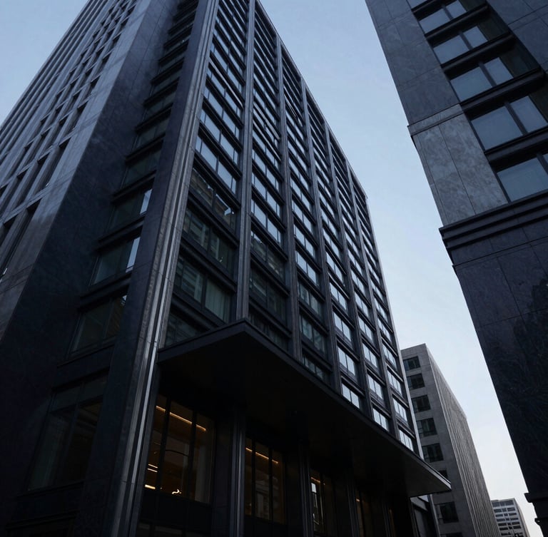 Wide environmental shot of an imposing high-end modern law office in deep navy and steel gray tones, dramatic low-key cool window lighting, sharp architectural lines, 35mm