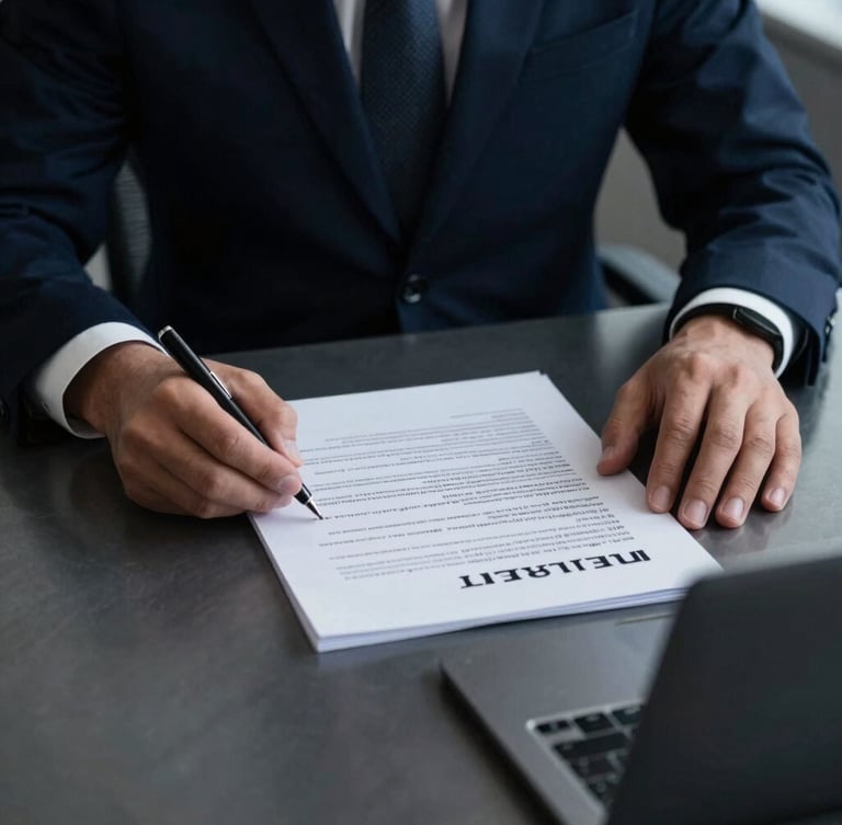 Close-up of hands in sharp business attire reviewing legal documents on a dark steel table, dramatic low-key cool lighting, 35mm