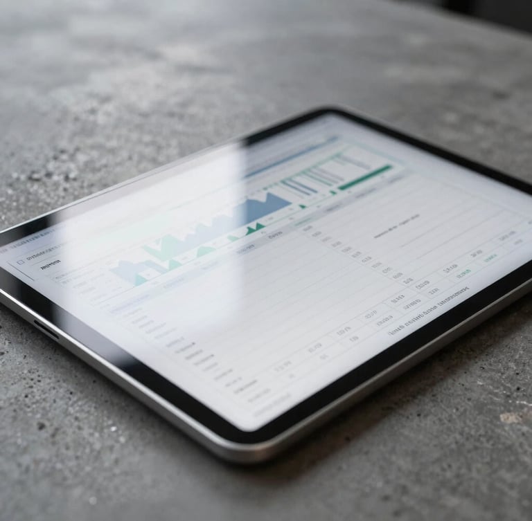 Close-up macro shot of a sleek digital tablet displaying complex cash flow spreadsheets on a dark concrete desk, cool overcast daylight, metallic reflections, sharp focus, 35mm