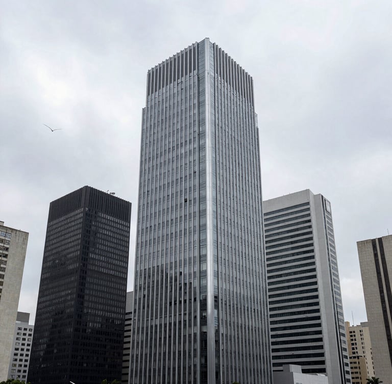 Architectural wide angle of a modern financial district in São Paulo, cool overcast daylight, desaturated silver and charcoal tones, sharp focus, 35mm
