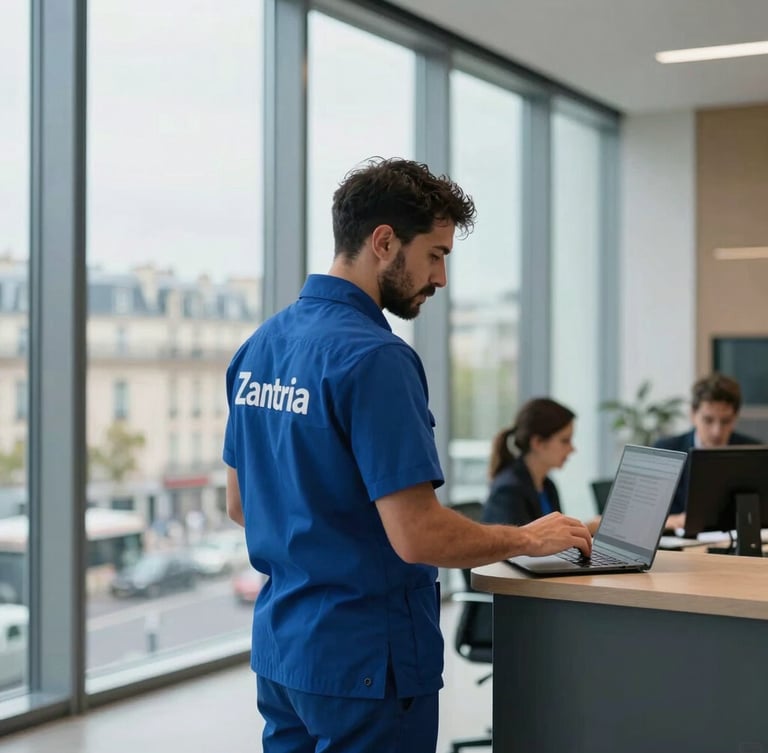Side view of a modern Parisian corporate office lobby with large windows, bright cool daylight, a professional team member with a goatee wearing a custom blue Zantria uniform from a back-three-quarters angle, working with quiet precision.
