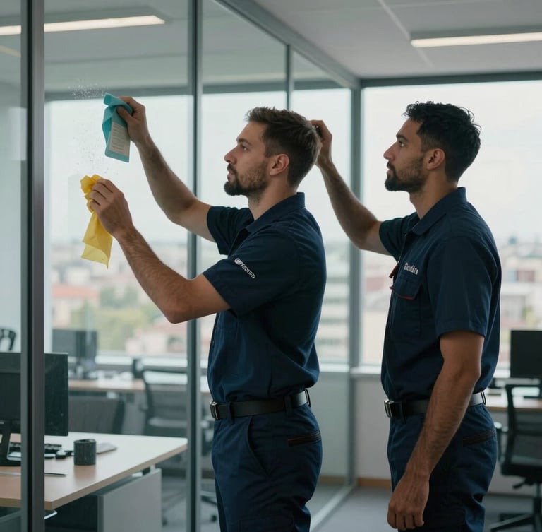 Sharp back-three-quarters shot of a professional Zantria team member with a goatee, wearing a custom-branded dark blue Zantria uniform, cleaning a glass partition in a sunlit Parisian office, cool natural daylight.
