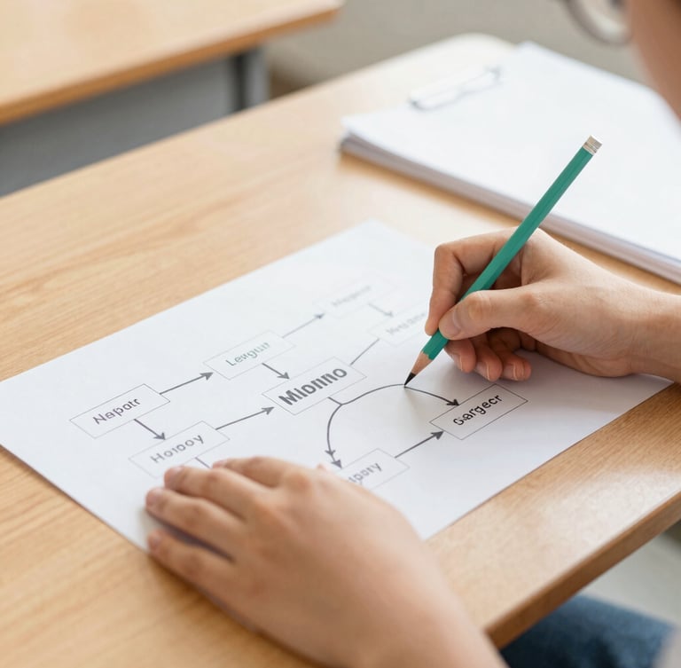 Close up of student hands drafting a clean mind-map on a wooden desk, soft natural daylight, green mint pencil, focused learning environment