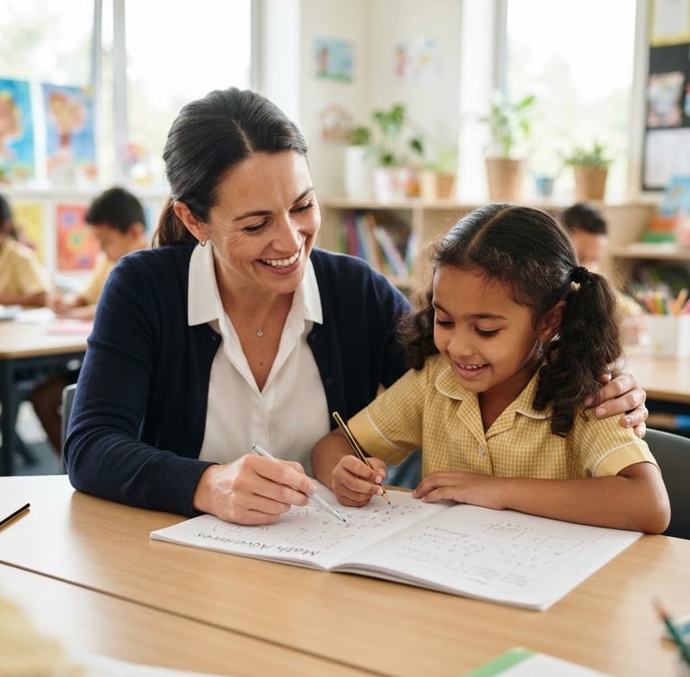 Bright modern classroom with natural daylight, a teacher smiling warmly while guiding a student over a notebook, shallow depth of field, optimistic tones.