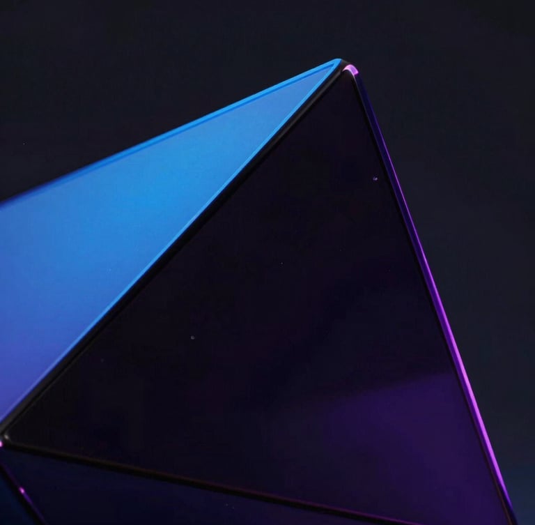 Macro close-up of abstract dark glass geometric shapes refracting electric blue and deep purple neon edge-lights, clean dark studio setting